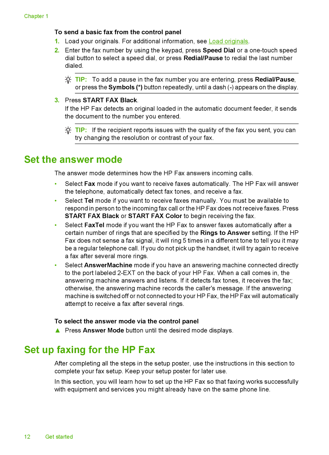 HP 3100 manual Set the answer mode, Set up faxing for the HP Fax, To send a basic fax from the control panel 