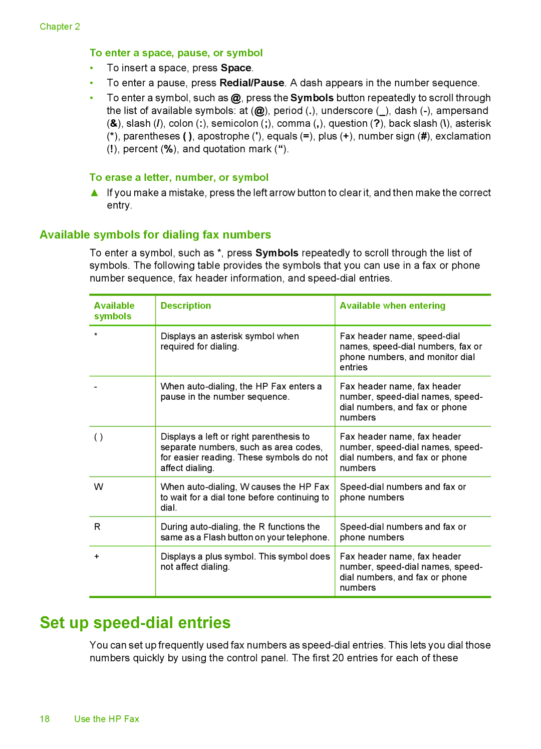 HP 3100 manual Set up speed-dial entries, Available symbols for dialing fax numbers, To enter a space, pause, or symbol 