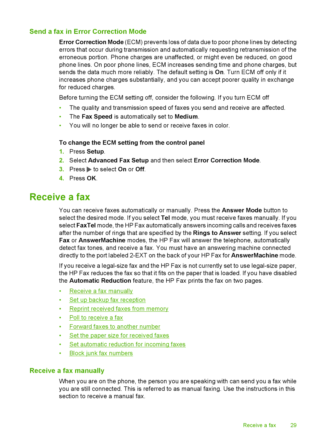 HP 3100 Send a fax in Error Correction Mode, Receive a fax manually, To change the ECM setting from the control panel 