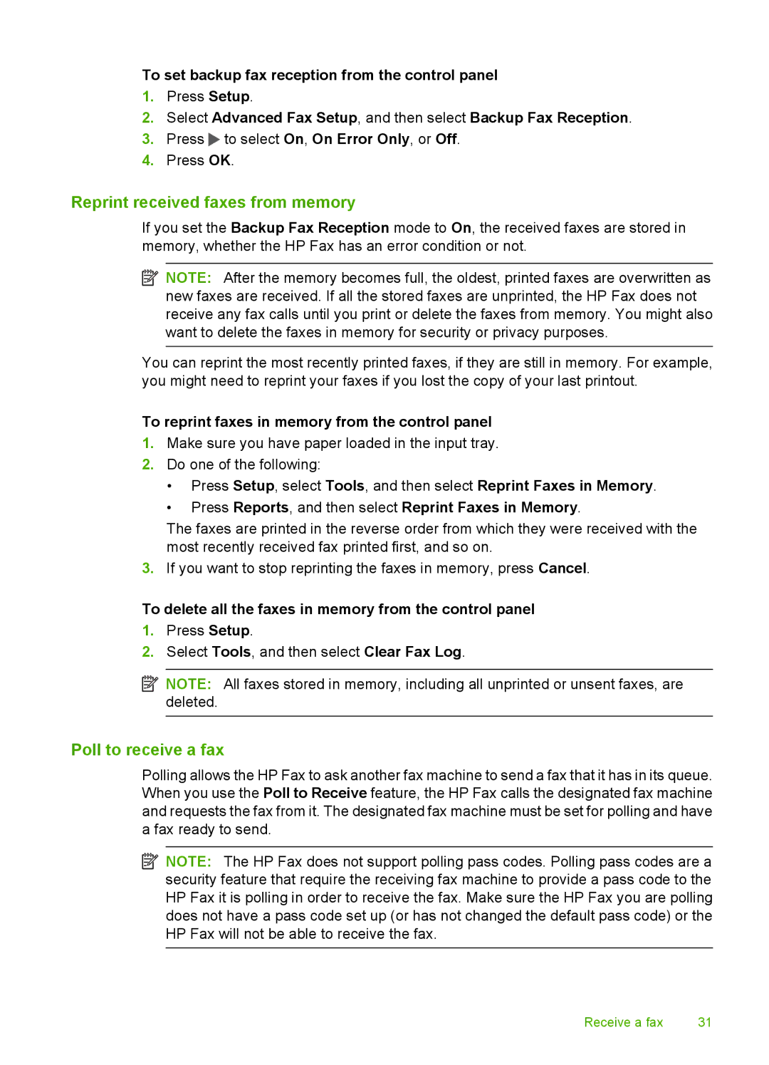 HP 3100 manual Reprint received faxes from memory, Poll to receive a fax 