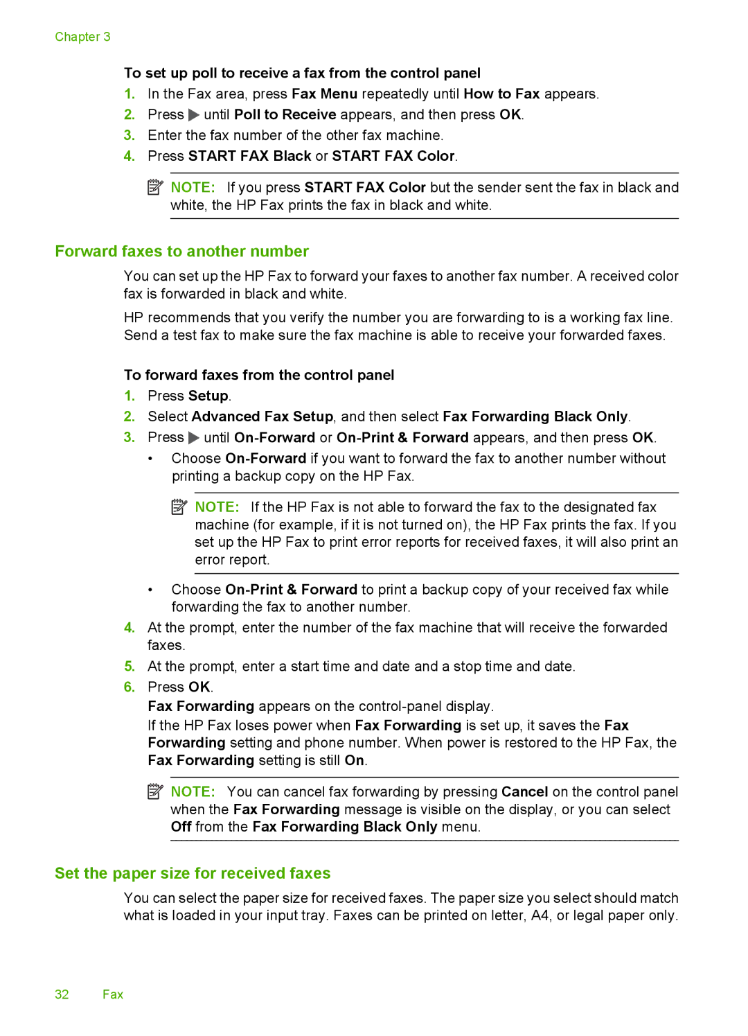 HP 3100 Forward faxes to another number, Set the paper size for received faxes, To forward faxes from the control panel 