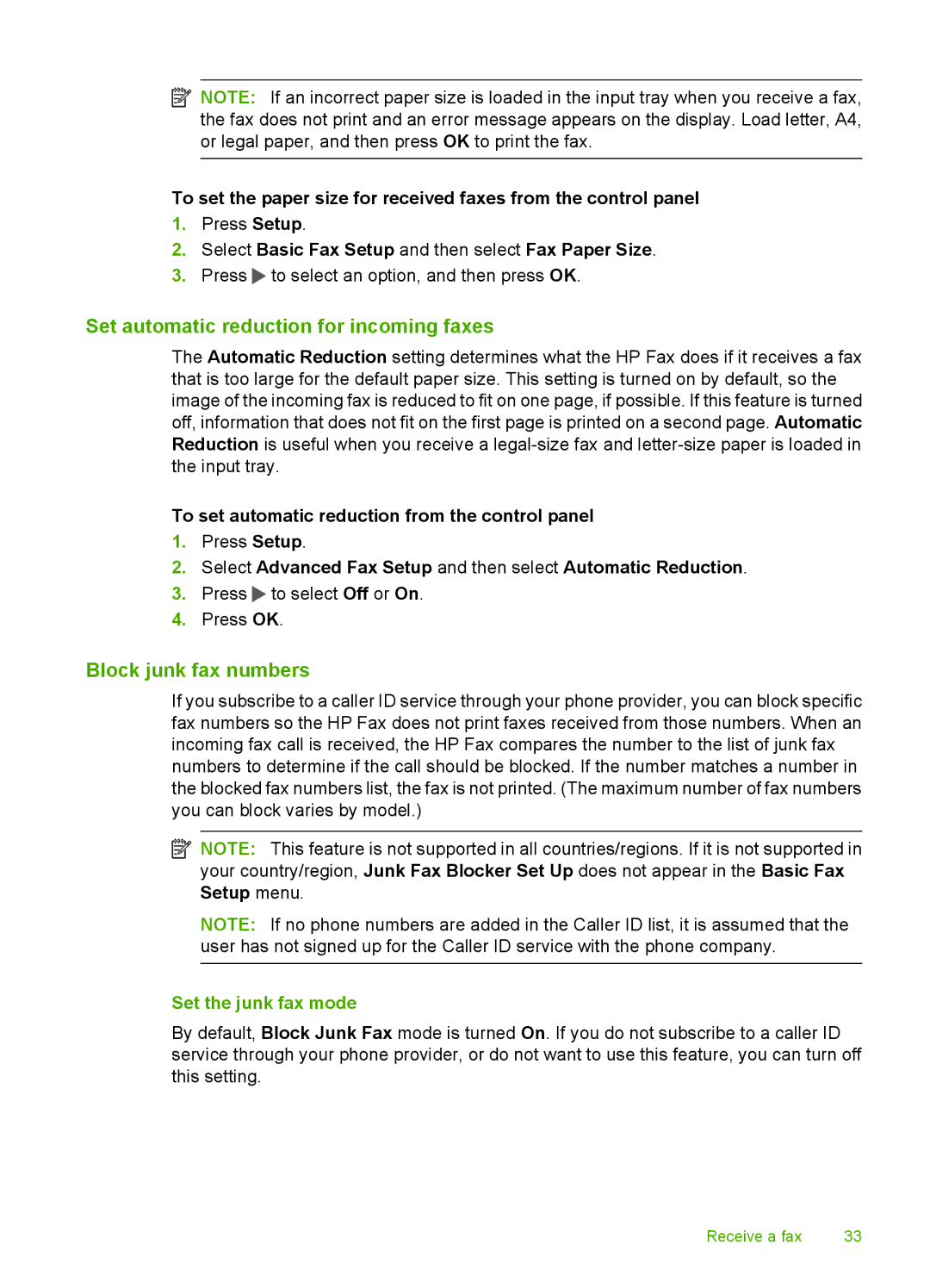 HP 3100 manual Set automatic reduction for incoming faxes, Block junk fax numbers, Set the junk fax mode 