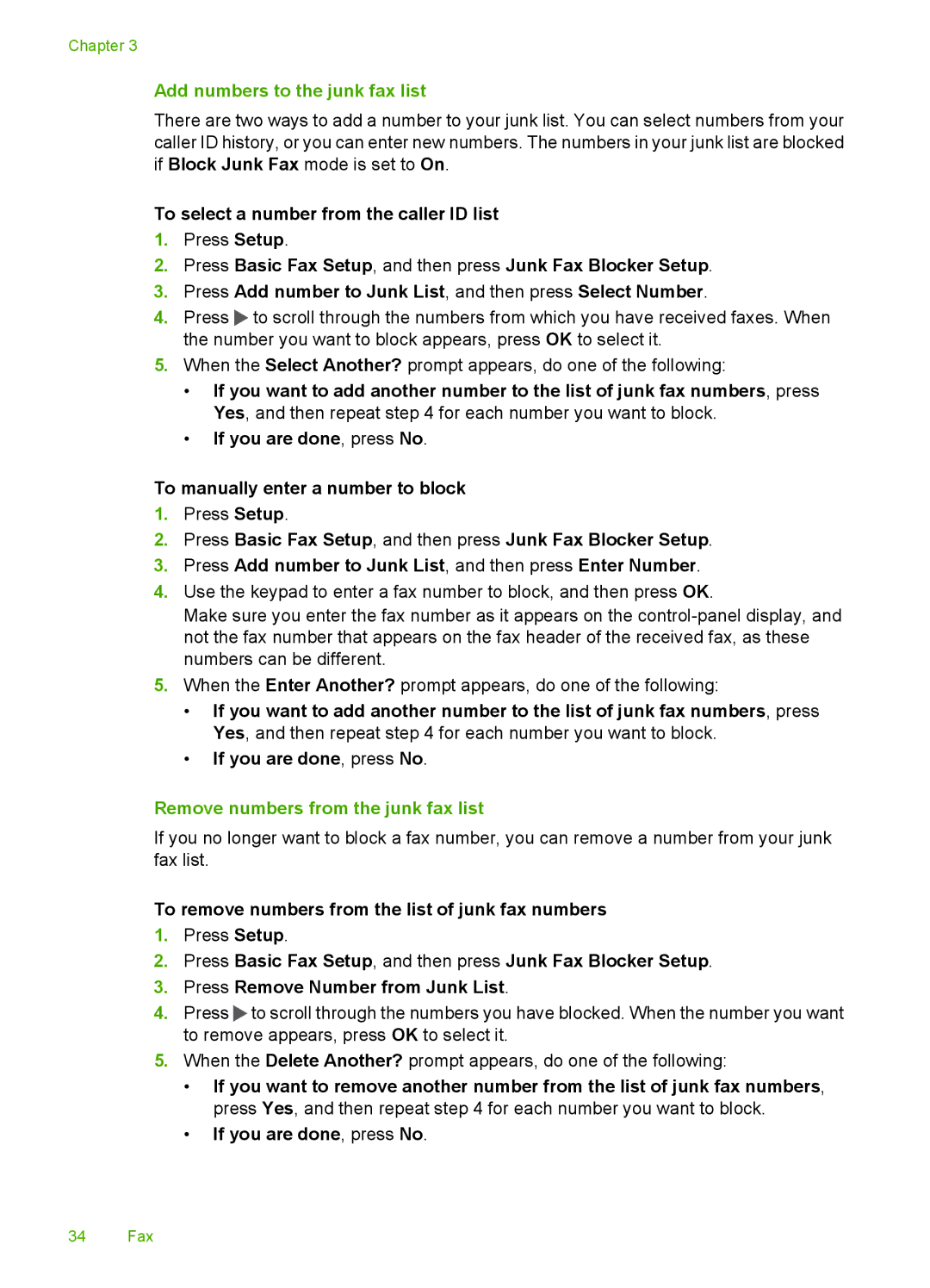 HP 3100 manual Add numbers to the junk fax list, To select a number from the caller ID list 