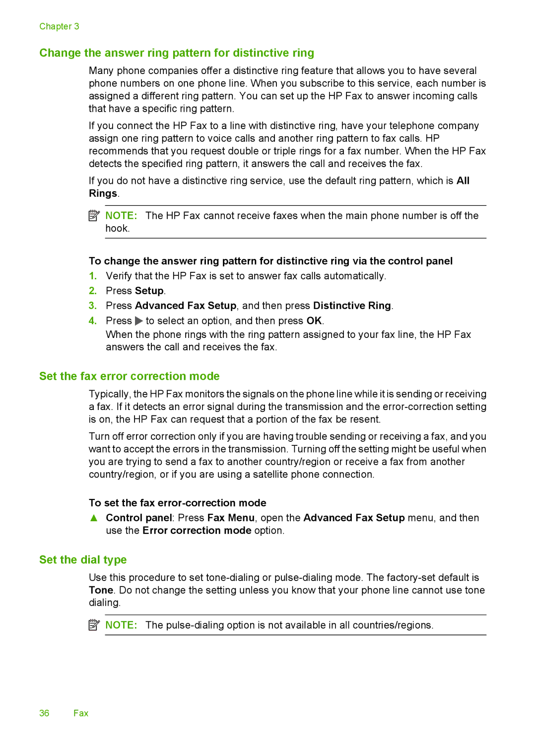 HP 3100 manual Change the answer ring pattern for distinctive ring, Set the fax error correction mode, Set the dial type 