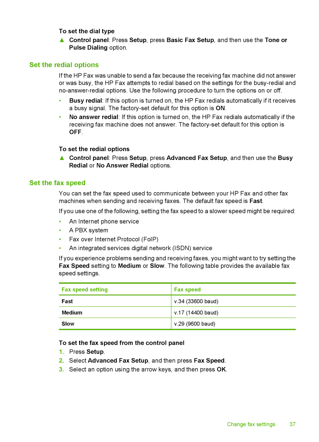 HP 3100 manual Set the redial options, Set the fax speed, To set the fax speed from the control panel 