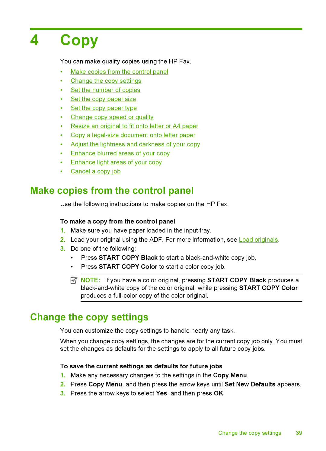 HP 3100 manual Copy, Make copies from the control panel, Change the copy settings, To make a copy from the control panel 