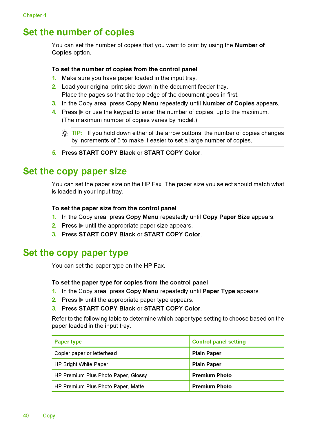 HP 3100 manual Set the number of copies, Set the copy paper size, Set the copy paper type 