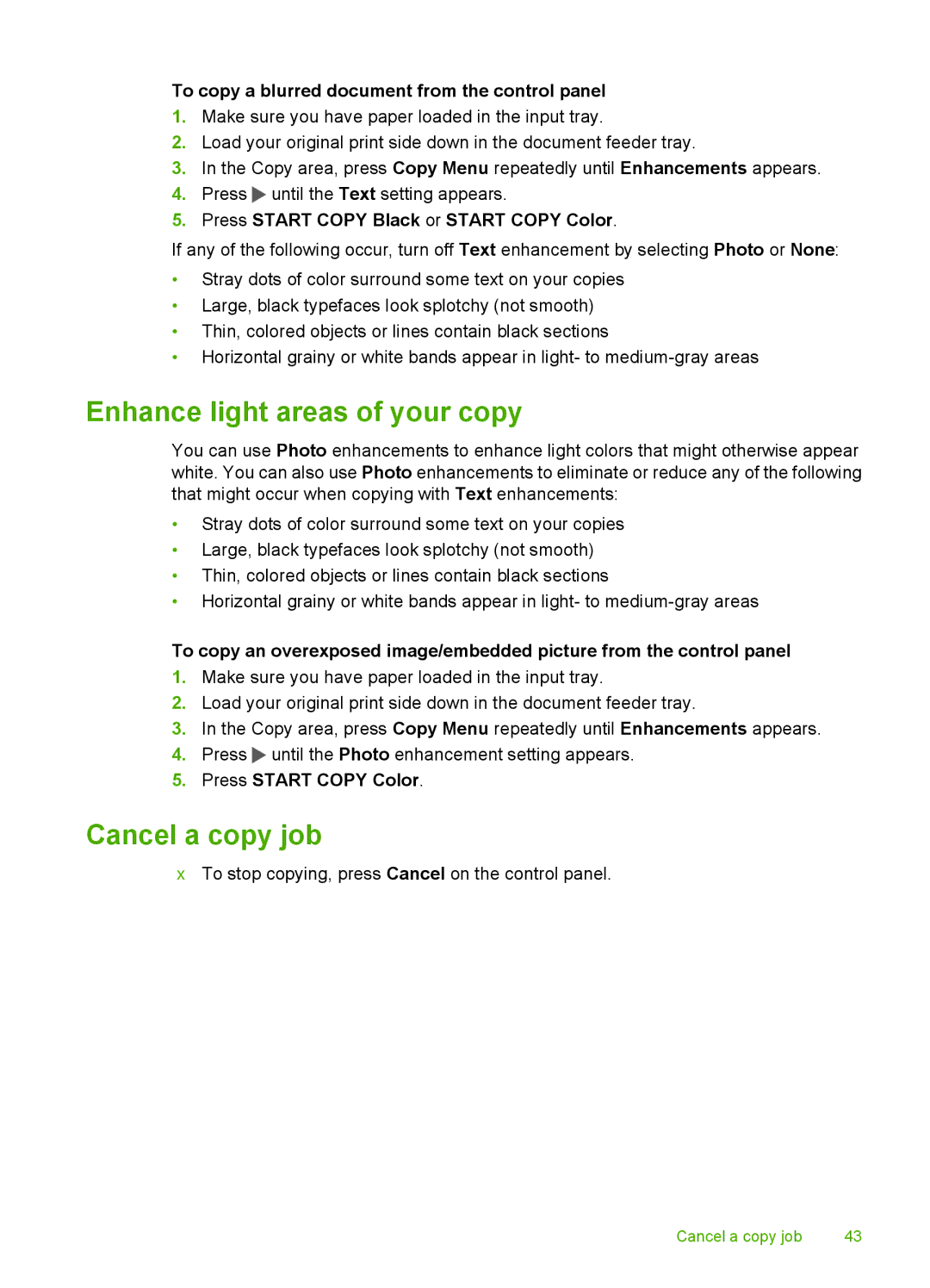 HP 3100 manual Enhance light areas of your copy, Cancel a copy job, To copy a blurred document from the control panel 