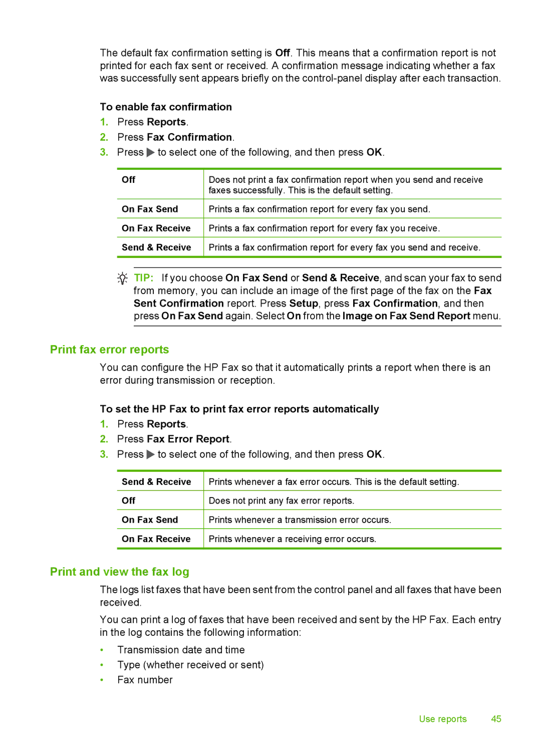 HP 3100 manual Print fax error reports, Print and view the fax log 