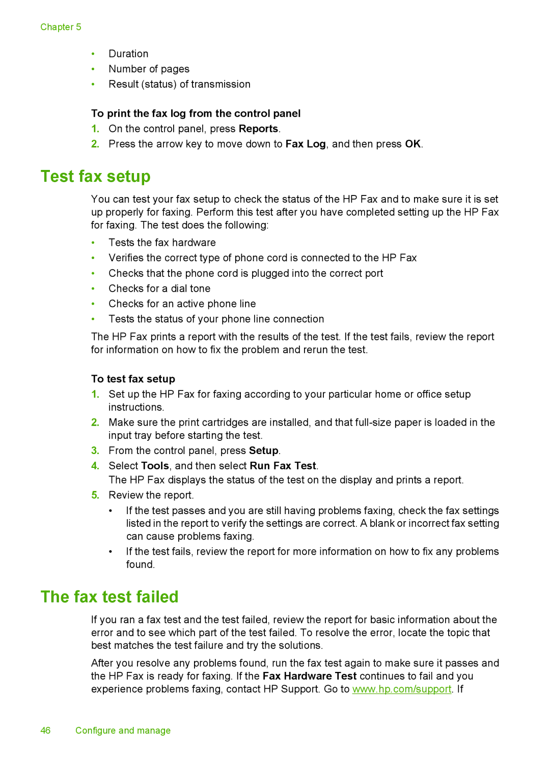 HP 3100 manual Test fax setup, Fax test failed, To print the fax log from the control panel, To test fax setup 