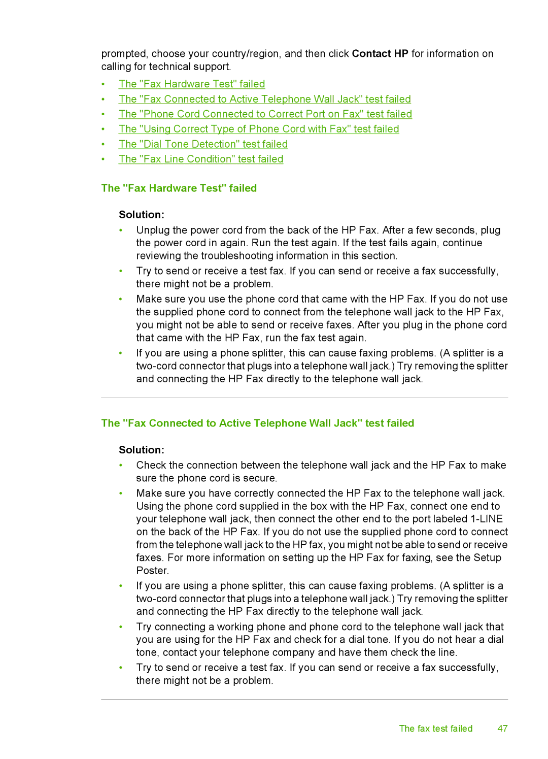 HP 3100 manual Fax Hardware Test failed, Solution, Fax Connected to Active Telephone Wall Jack test failed 