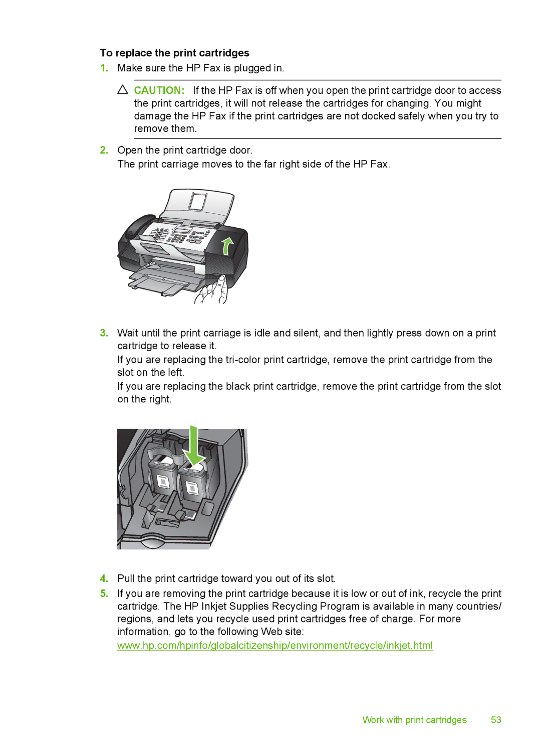 HP 3100 manual To replace the print cartridges 