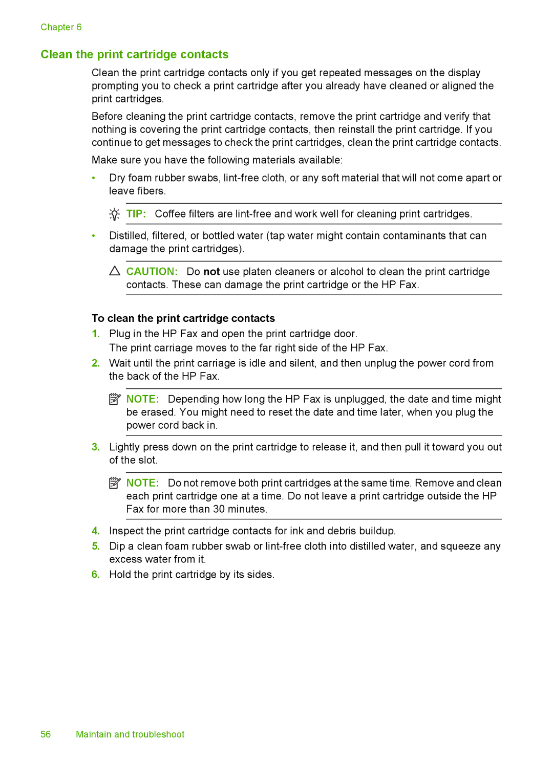 HP 3100 manual Clean the print cartridge contacts, To clean the print cartridge contacts 