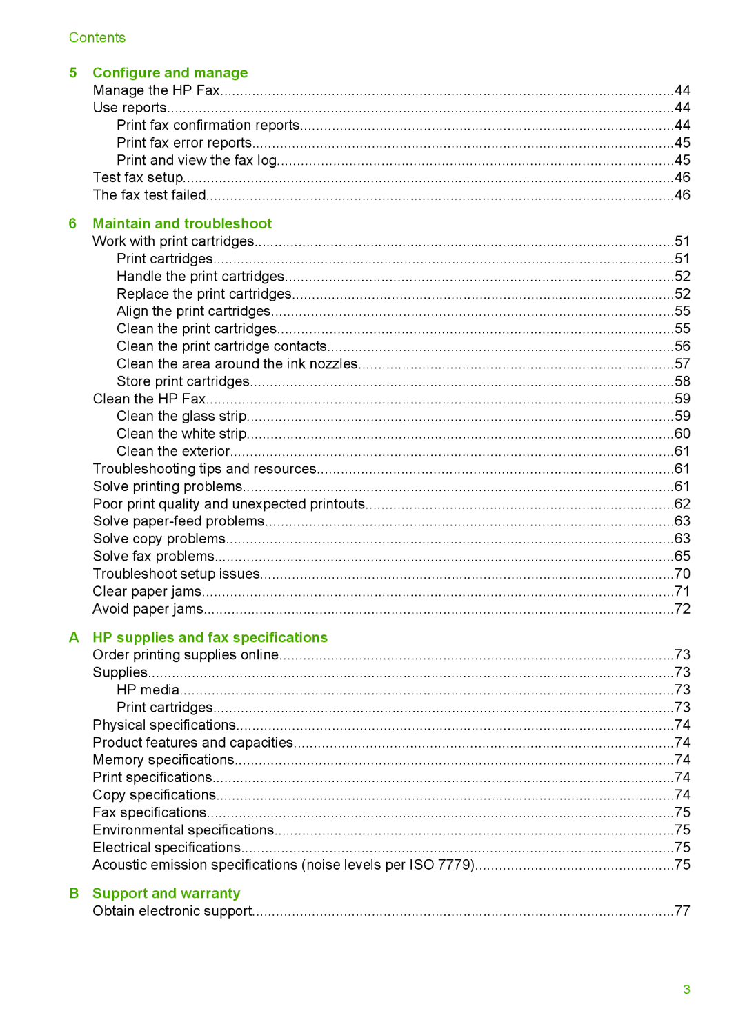 HP 3100 manual Configure and manage, Maintain and troubleshoot, HP supplies and fax specifications, Support and warranty 