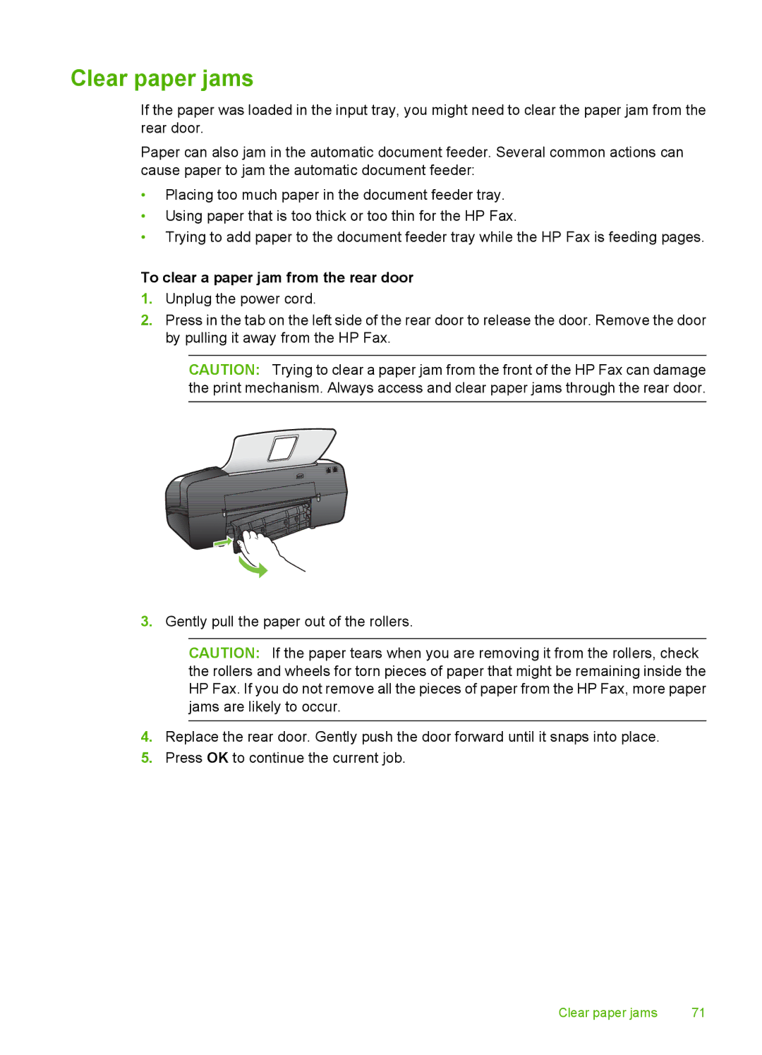 HP 3100 manual Clear paper jams, To clear a paper jam from the rear door 