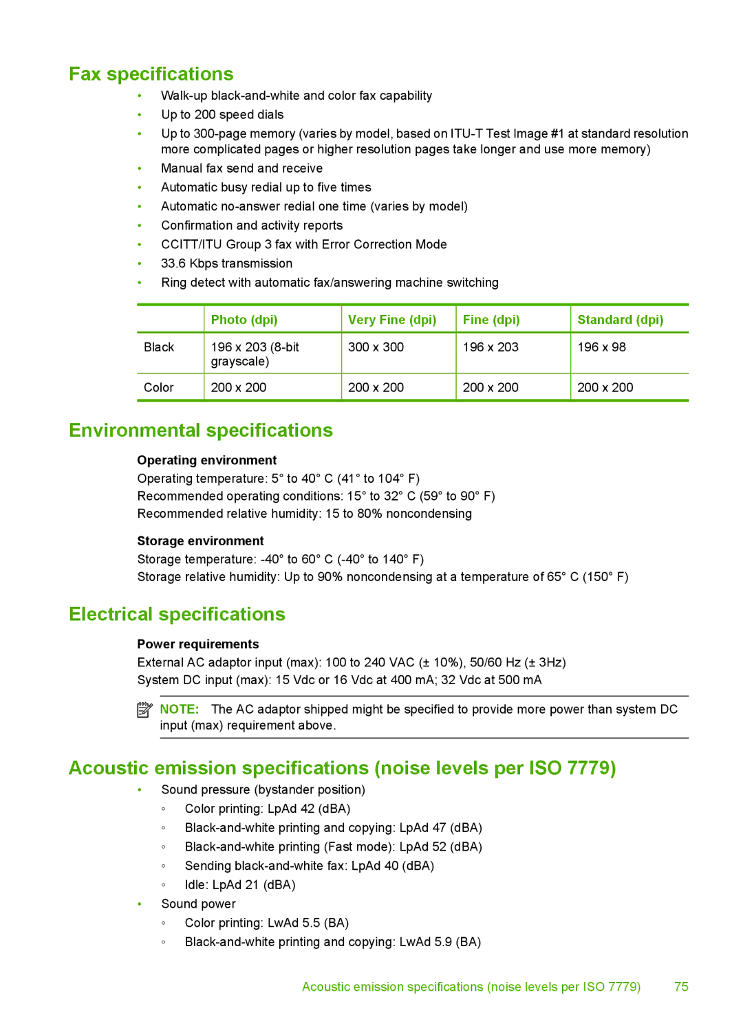 HP 3100 Fax specifications, Environmental specifications, Electrical specifications, Photo dpi Very Fine dpi Standard dpi 