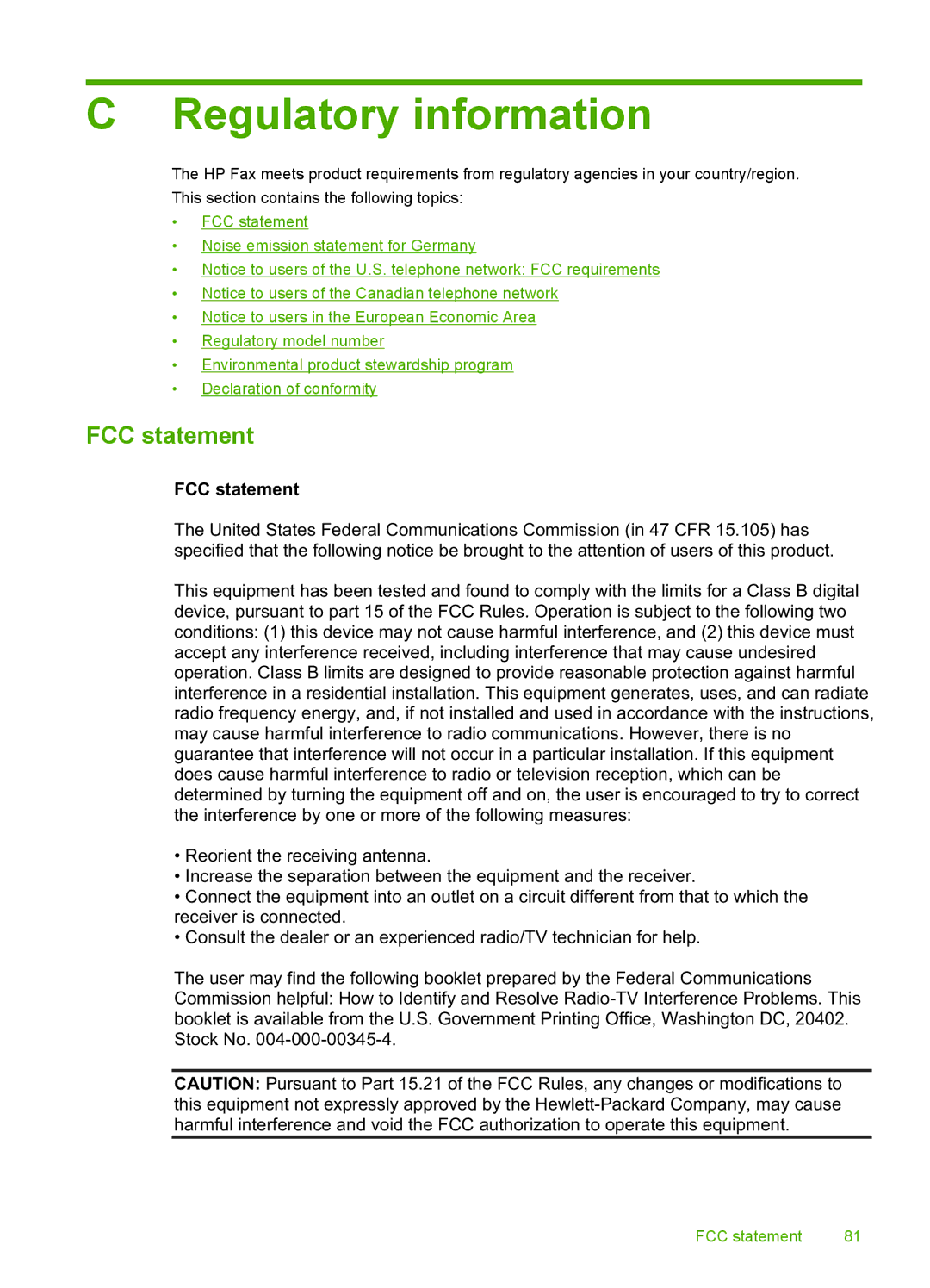 HP 3100 manual Regulatory information, FCC statement 