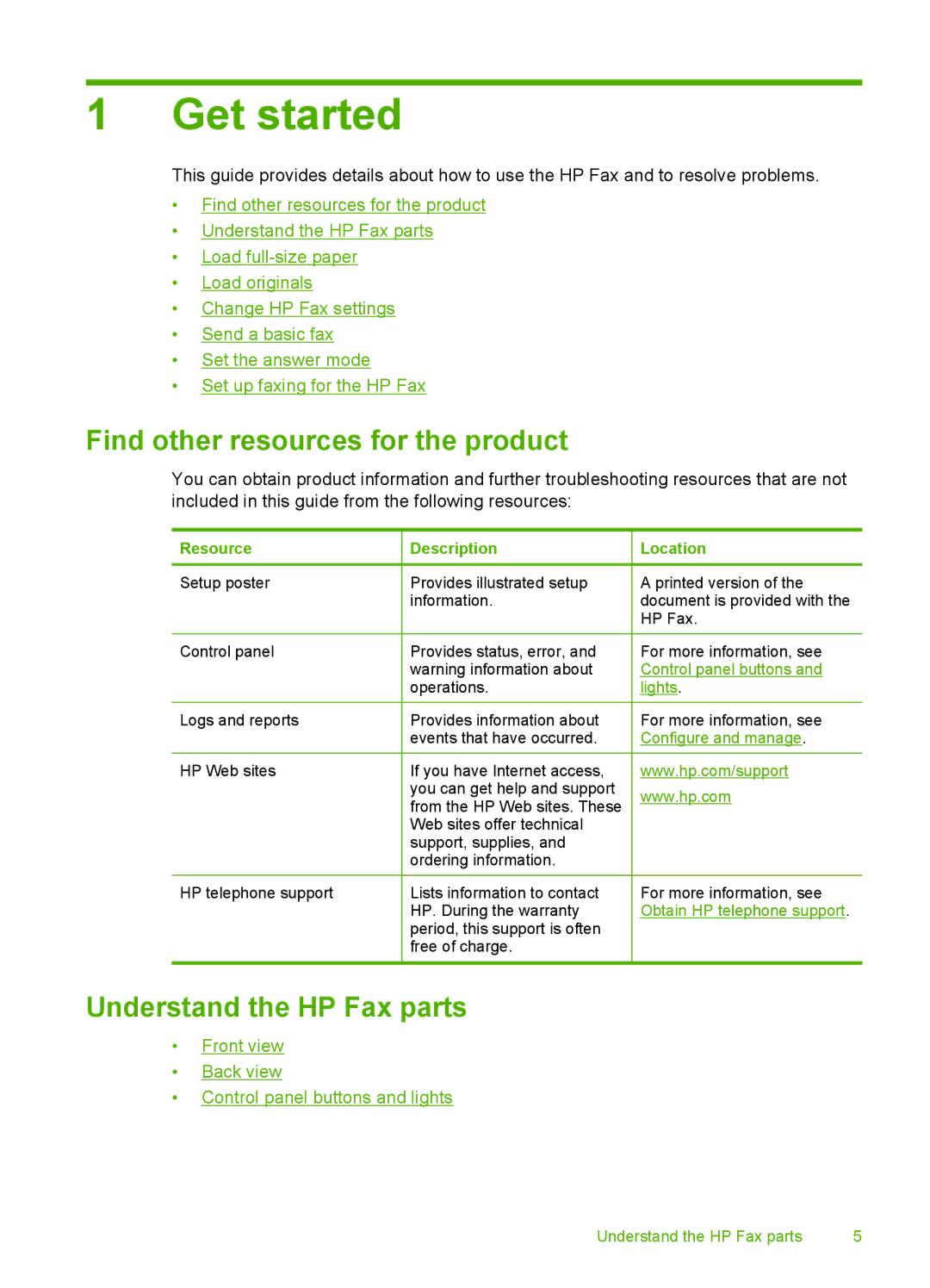 HP 3100 Get started, Find other resources for the product, Understand the HP Fax parts, Resource Description Location 