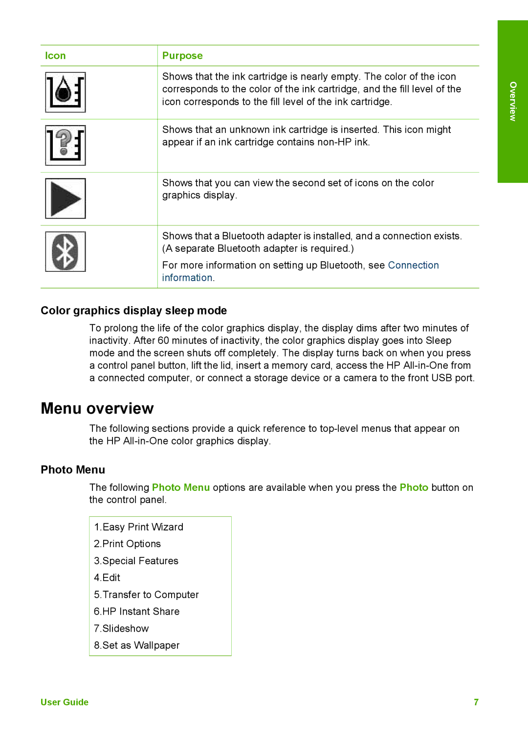 HP 3100 manual Menu overview, Color graphics display sleep mode, Photo Menu, Icon Purpose 