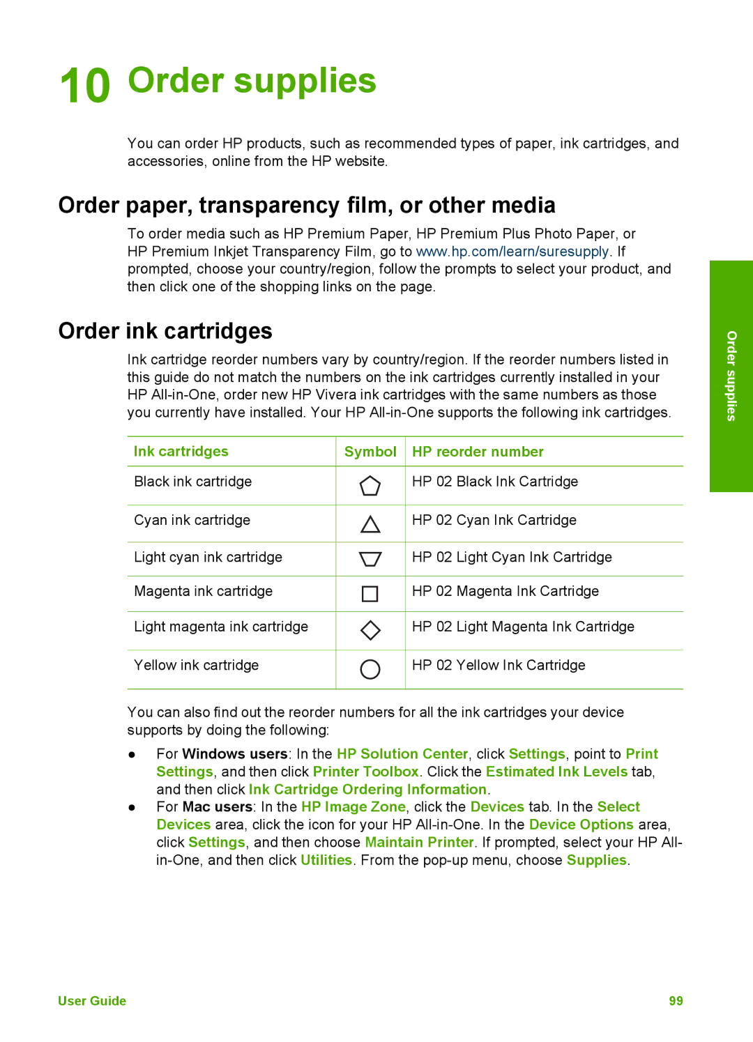 HP 3100 manual Order supplies, Ink cartridges Symbol HP reorder number 