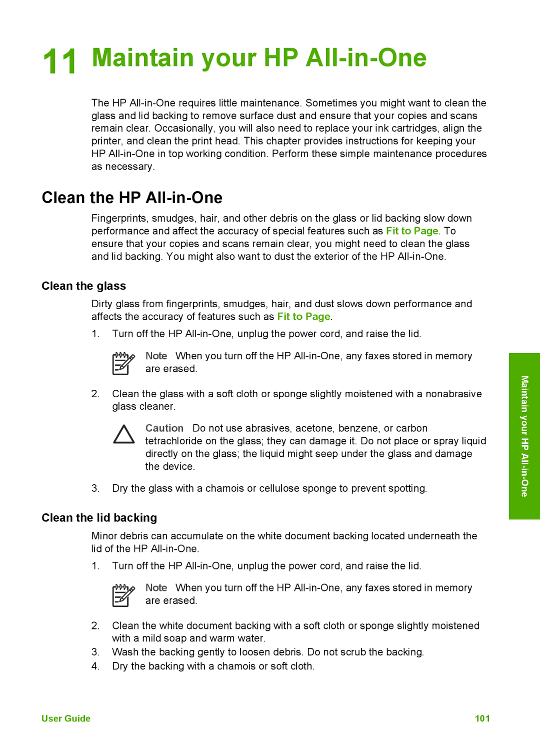 HP 3100 manual Maintain your HP All-in-One, Clean the HP All-in-One, Clean the glass, Clean the lid backing 