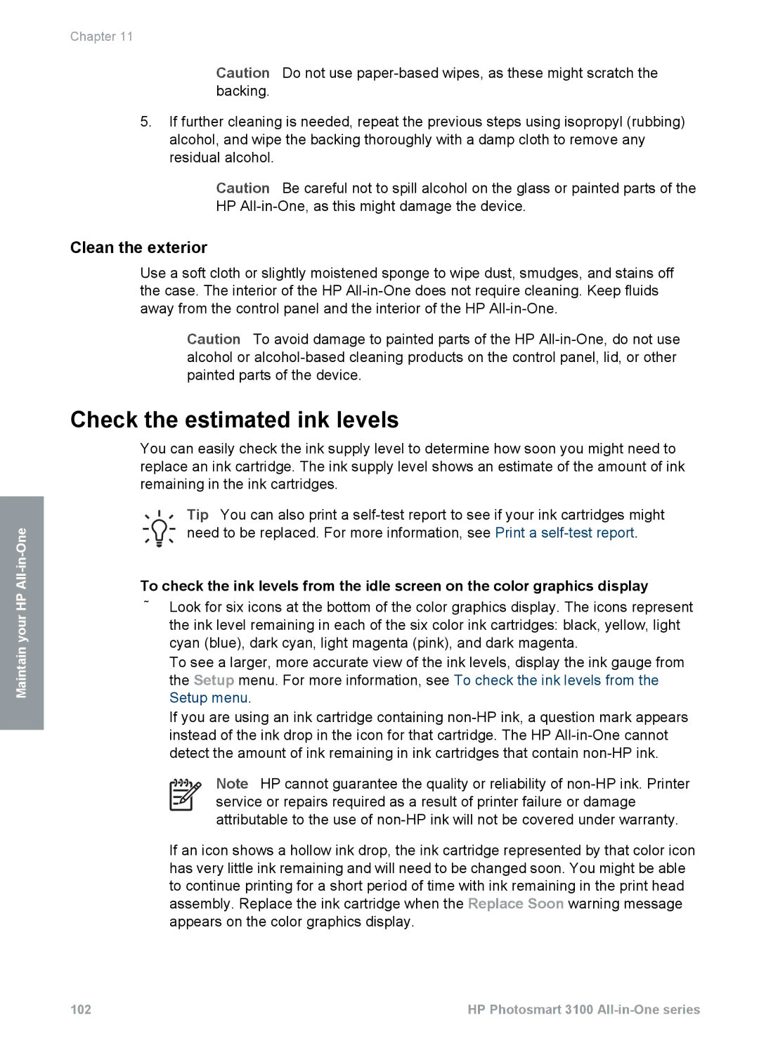 HP 3100 manual Check the estimated ink levels, Clean the exterior 