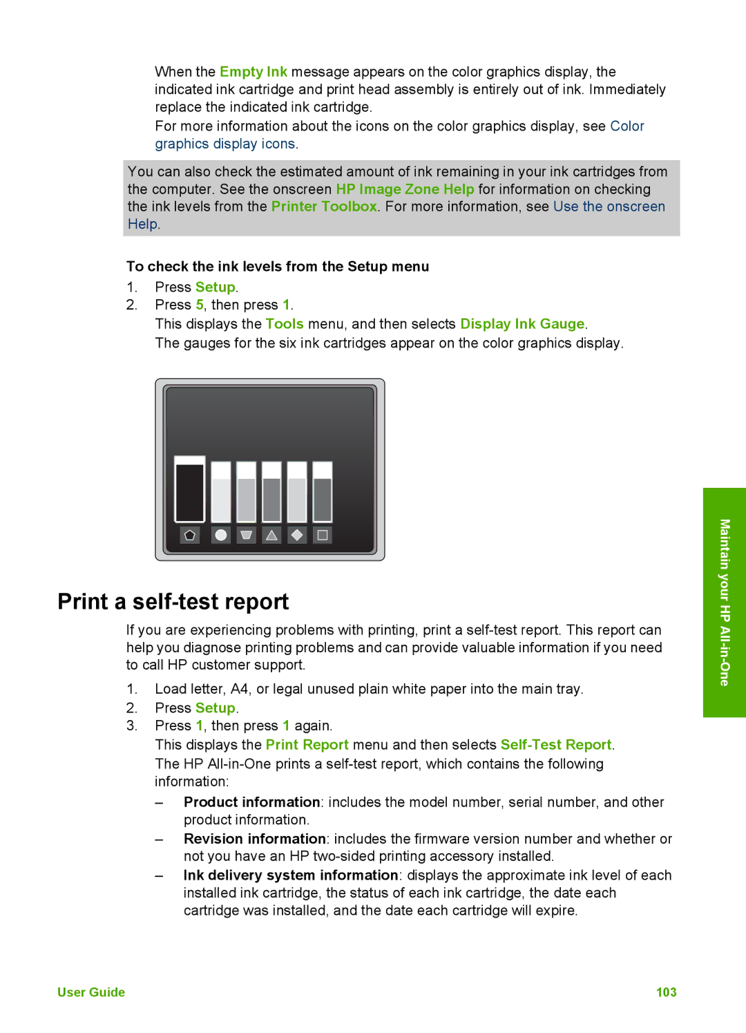 HP 3100 manual Print a self-test report, To check the ink levels from the Setup menu 