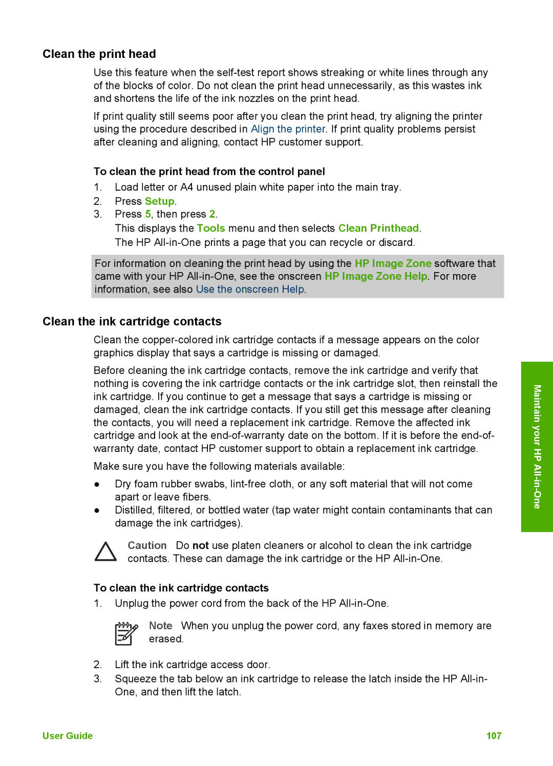 HP 3100 manual Clean the print head, Clean the ink cartridge contacts, To clean the print head from the control panel 