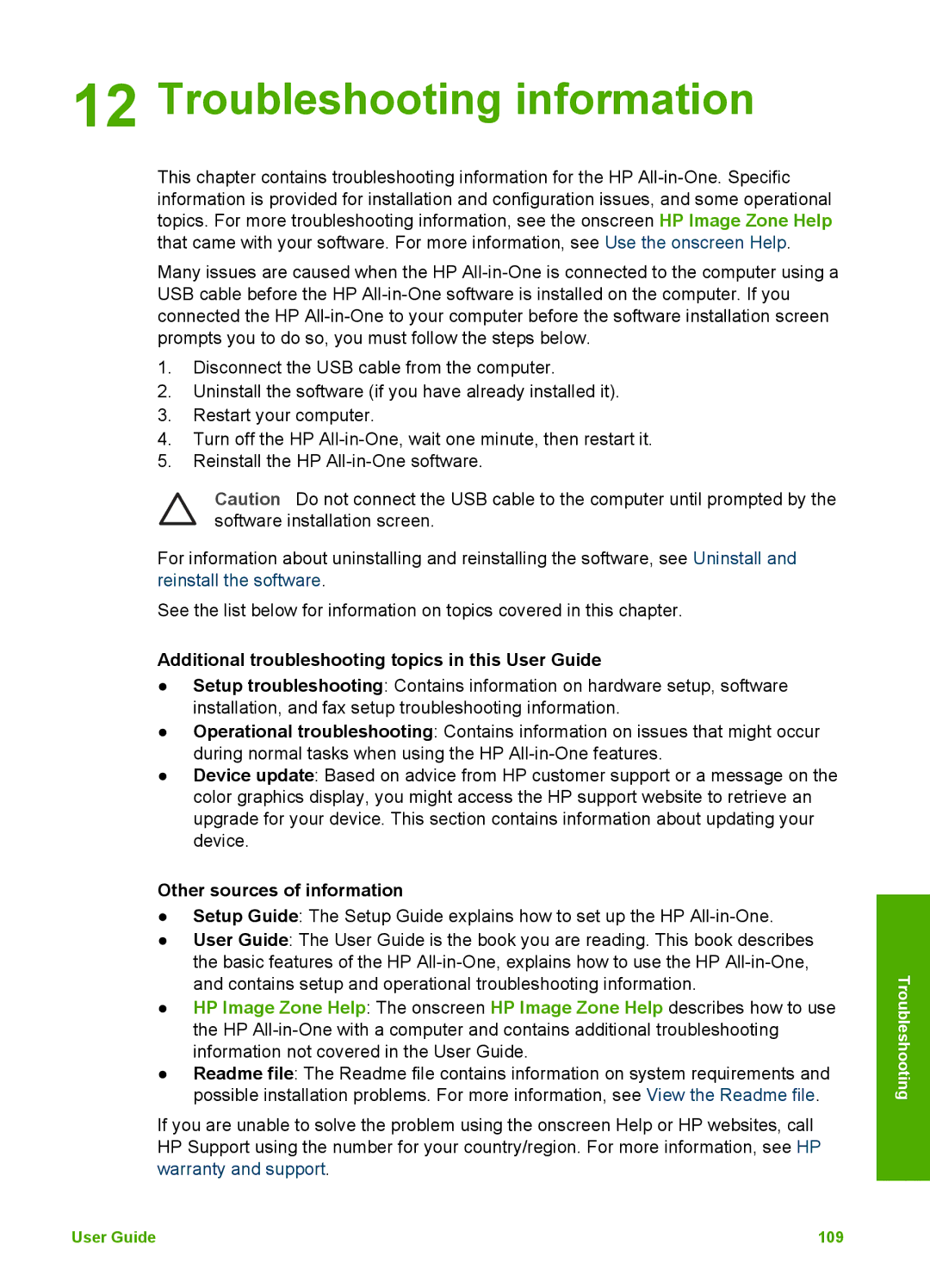 HP 3100 Troubleshooting information, Additional troubleshooting topics in this User Guide, Other sources of information 