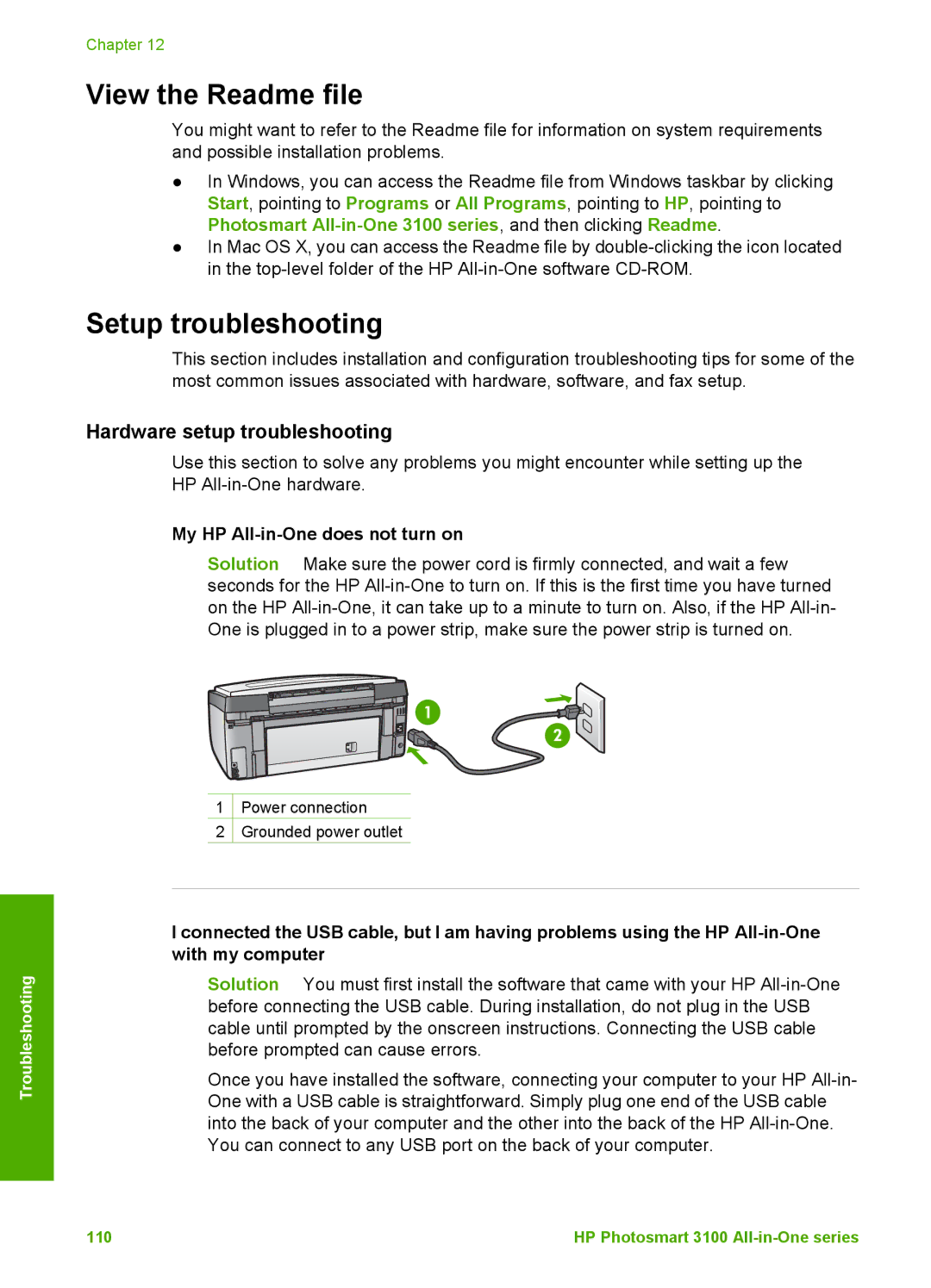 HP 3100 View the Readme file, Setup troubleshooting, Hardware setup troubleshooting, My HP All-in-One does not turn on 