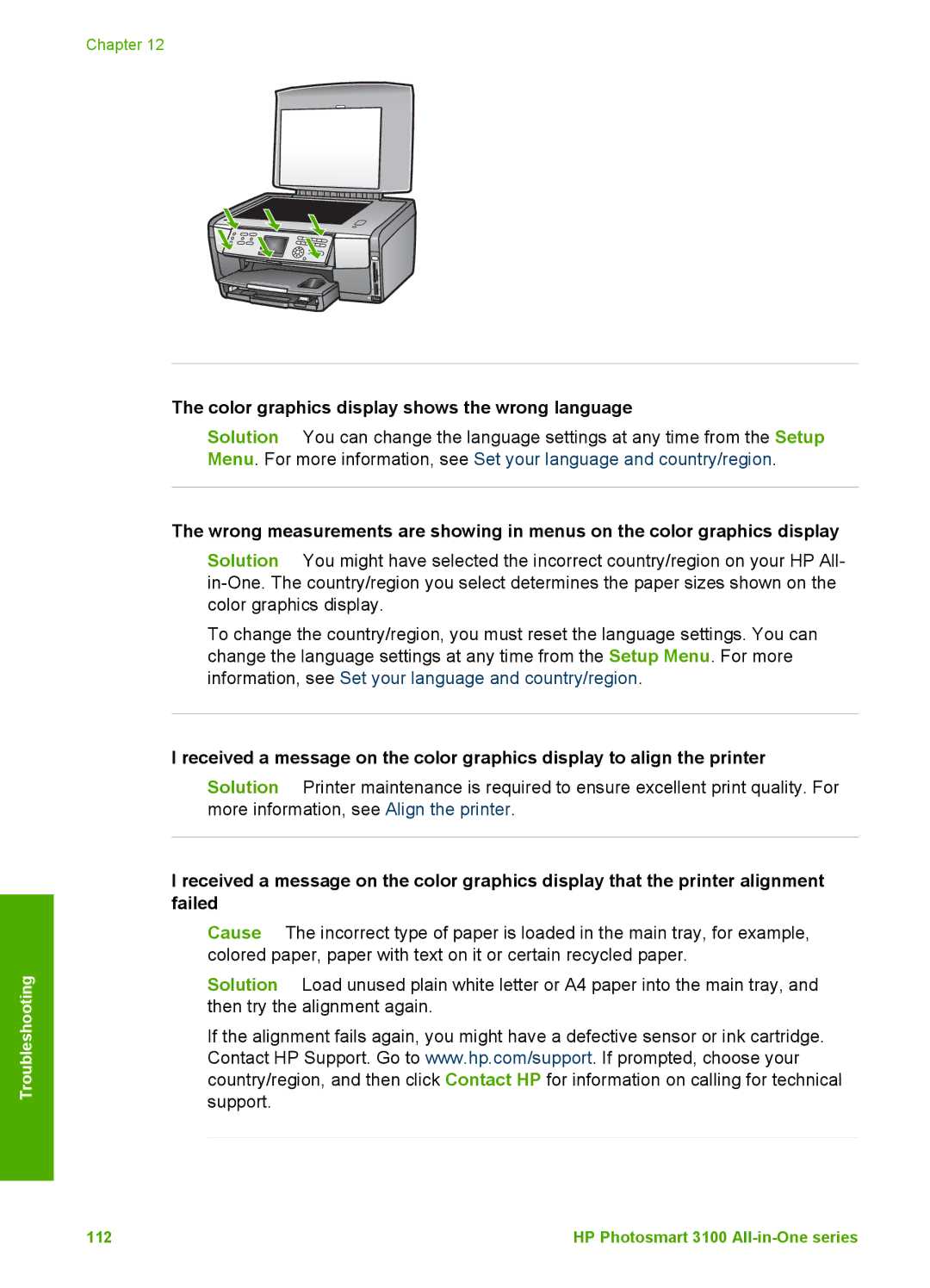 HP 3100 manual Color graphics display shows the wrong language 