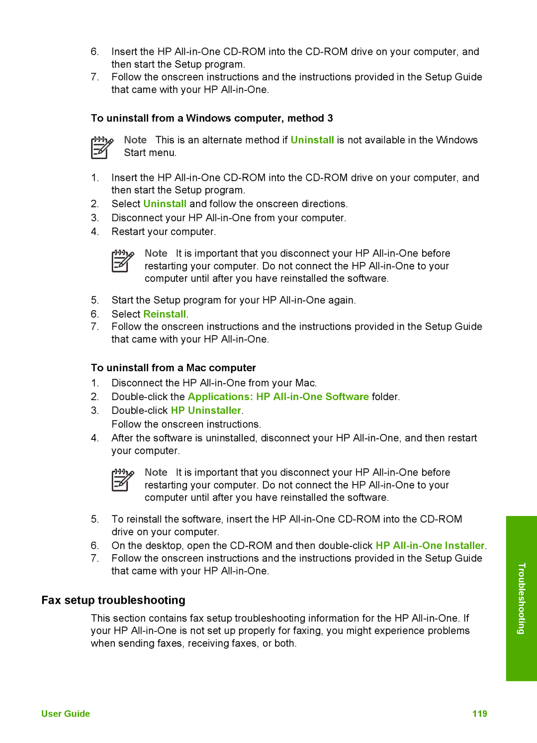 HP 3100 manual Fax setup troubleshooting, Select Reinstall, To uninstall from a Mac computer 