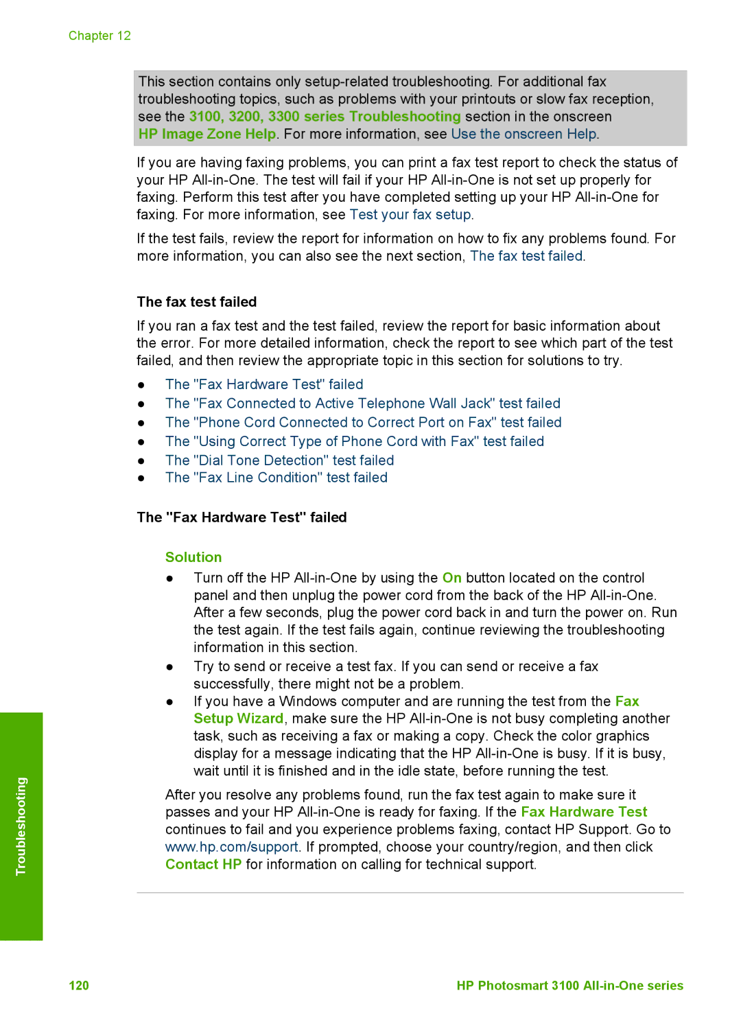 HP 3100 manual Fax test failed, Fax Hardware Test failed, Solution 