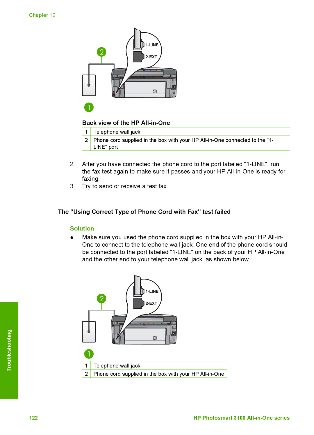 HP 3100 manual Back view of the HP All-in-One, Using Correct Type of Phone Cord with Fax test failed 