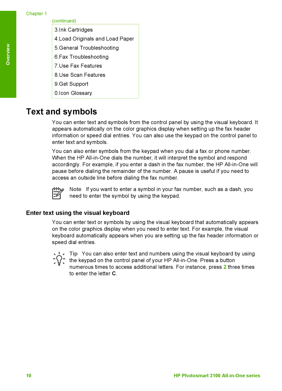 HP 3100 manual Text and symbols, Enter text using the visual keyboard 