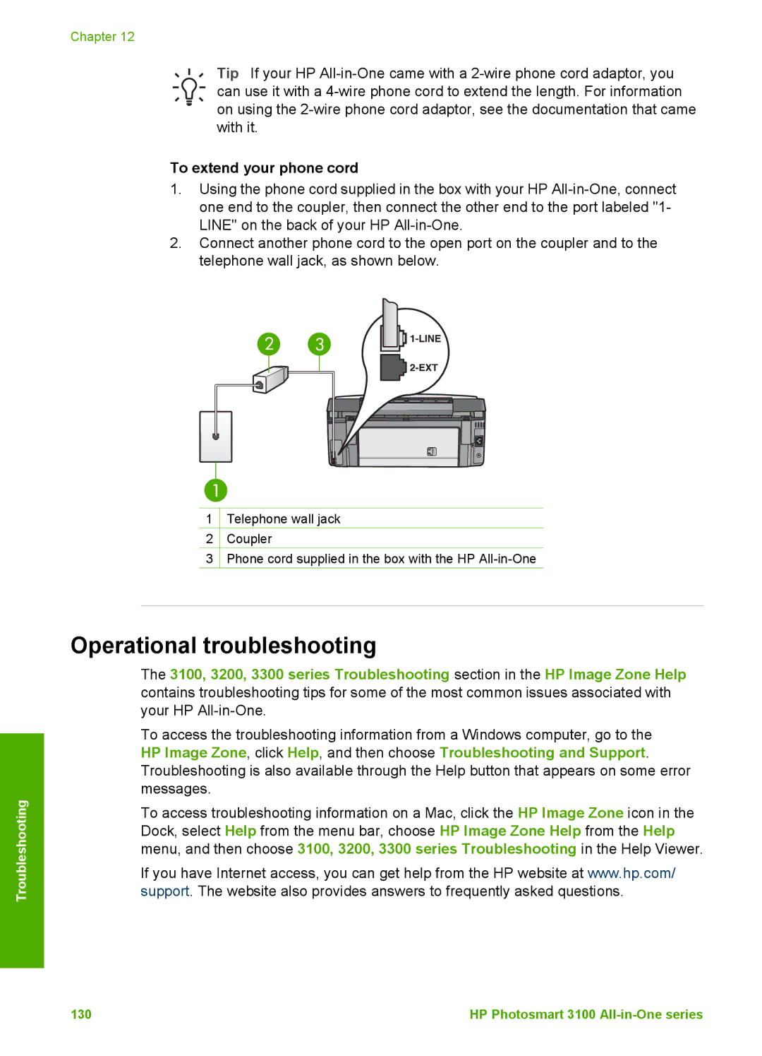 HP 3100 manual Operational troubleshooting, To extend your phone cord 