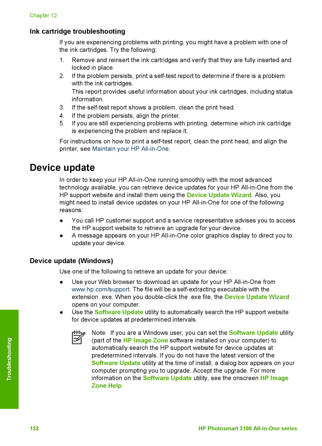 HP 3100 manual Ink cartridge troubleshooting, Device update Windows, Zone Help 