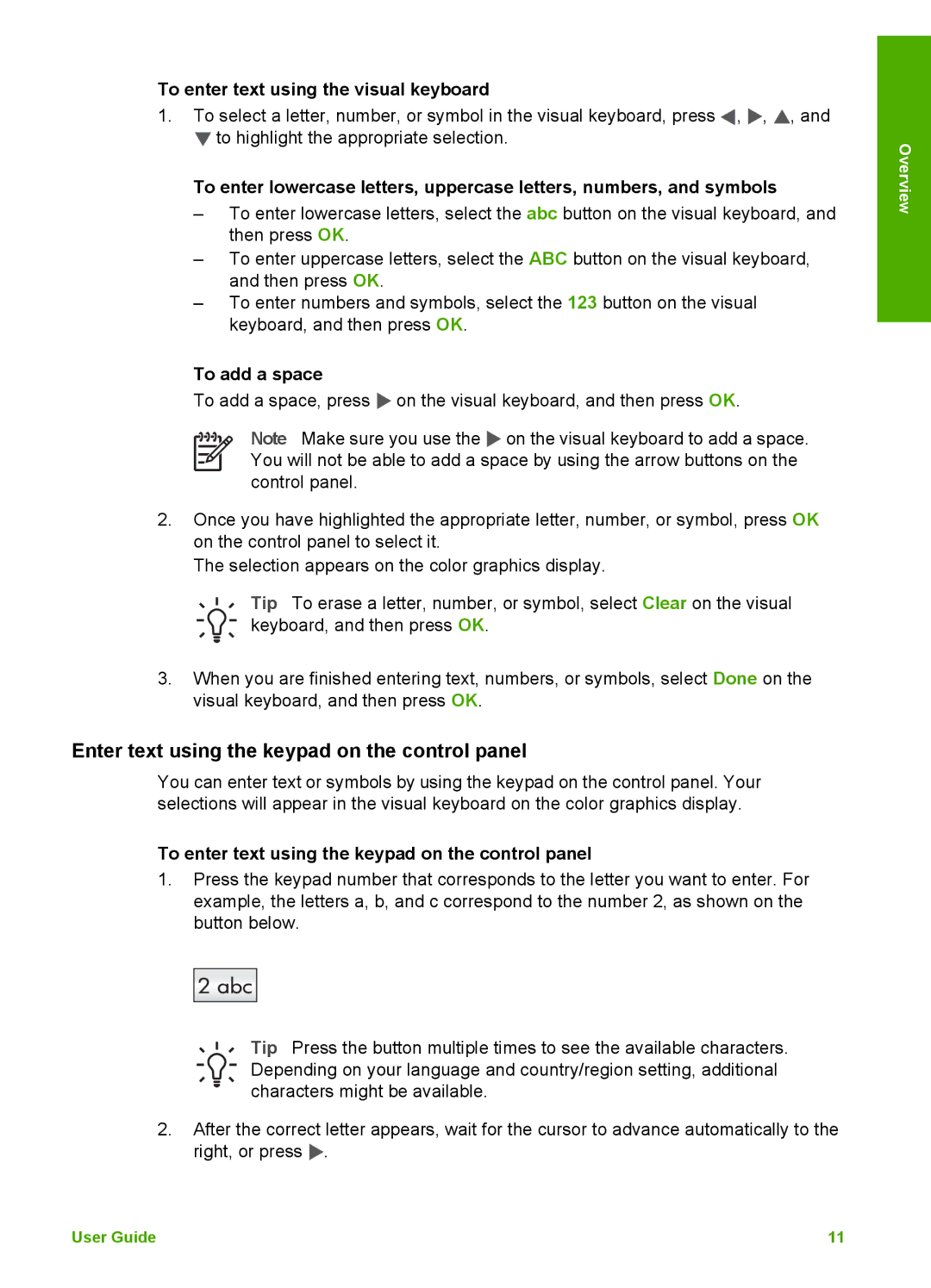 HP 3100 manual Enter text using the keypad on the control panel, To enter text using the visual keyboard, To add a space 