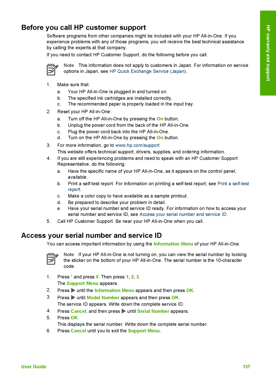 HP 3100 manual Before you call HP customer support, Access your serial number and service ID 