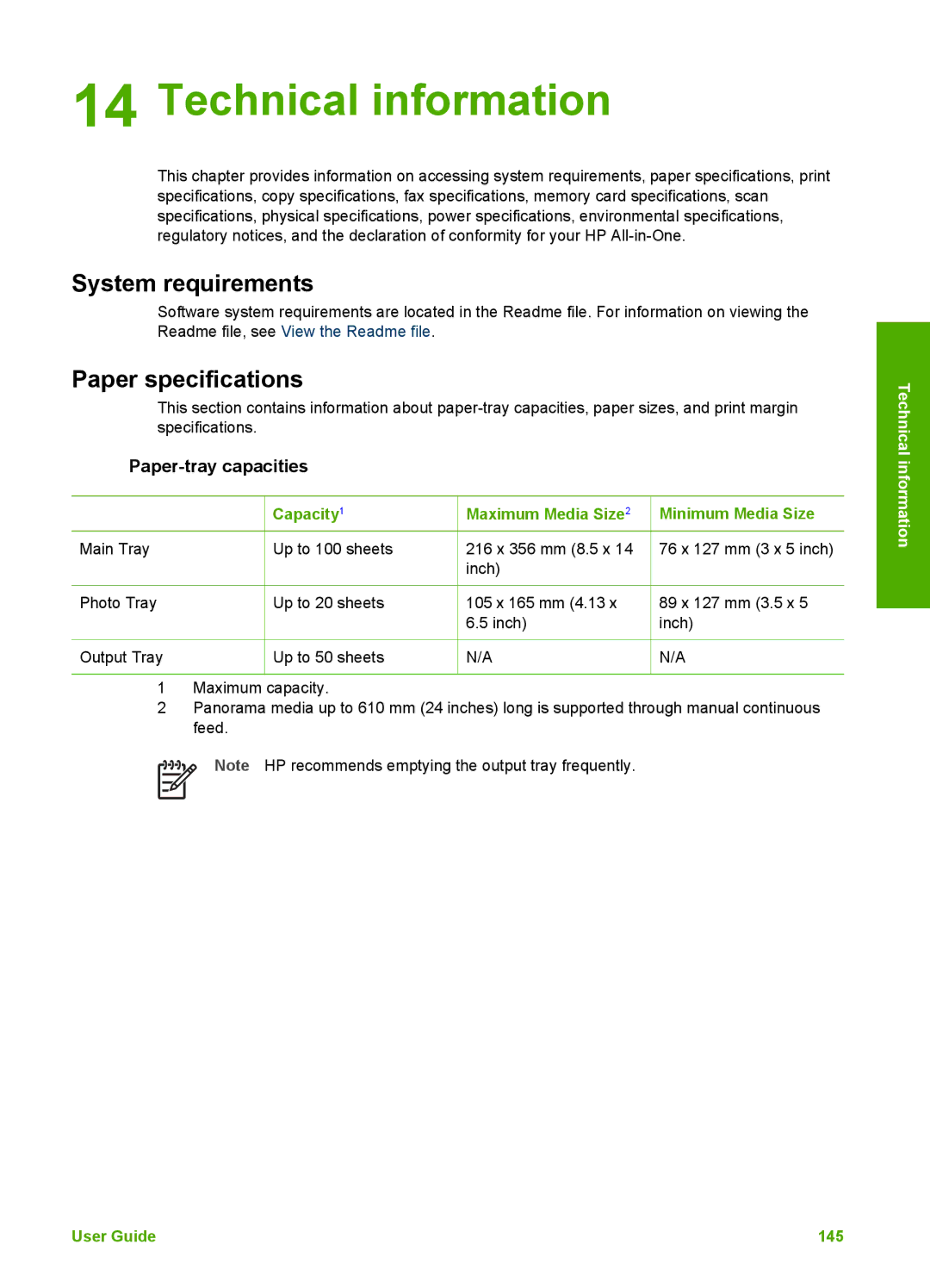 HP 3100 manual Technical information, System requirements, Paper specifications, Paper-tray capacities 