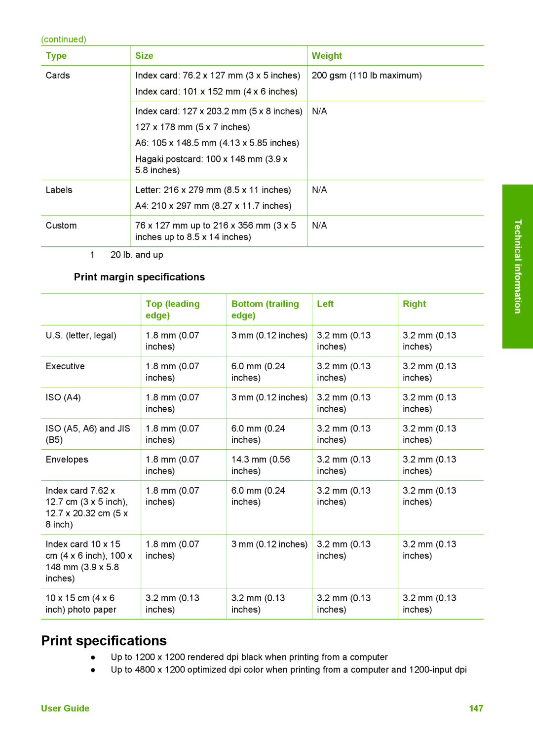 HP 3100 manual Print specifications, Print margin specifications 