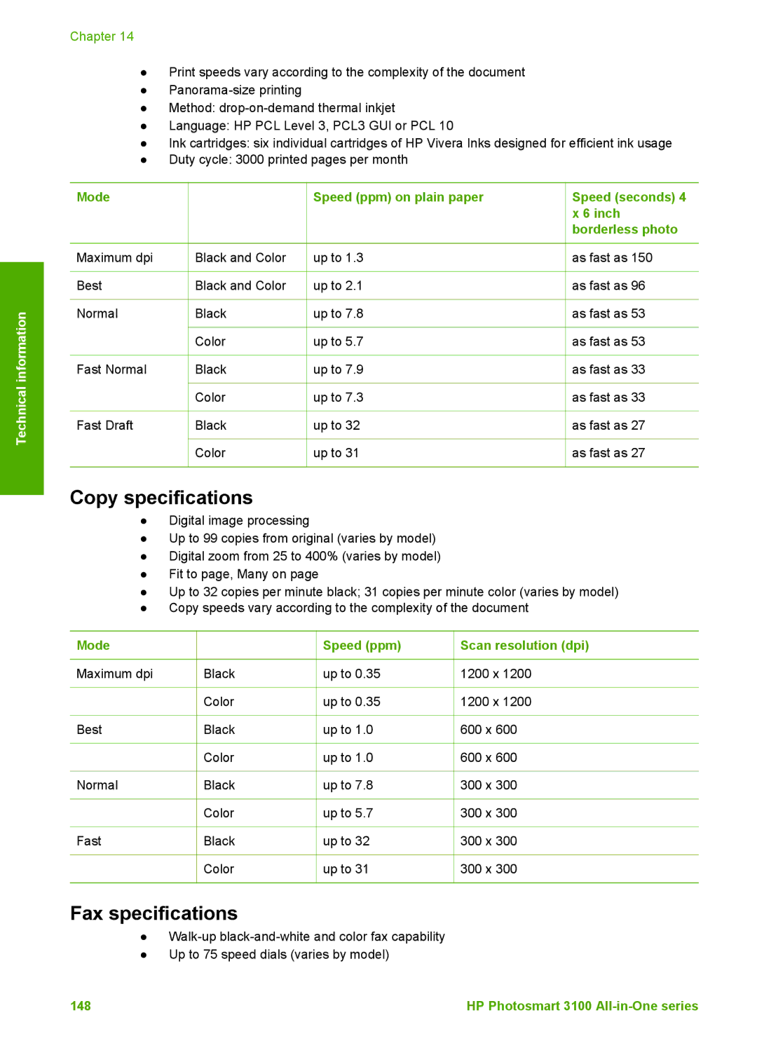 HP 3100 manual Copy specifications, Fax specifications 