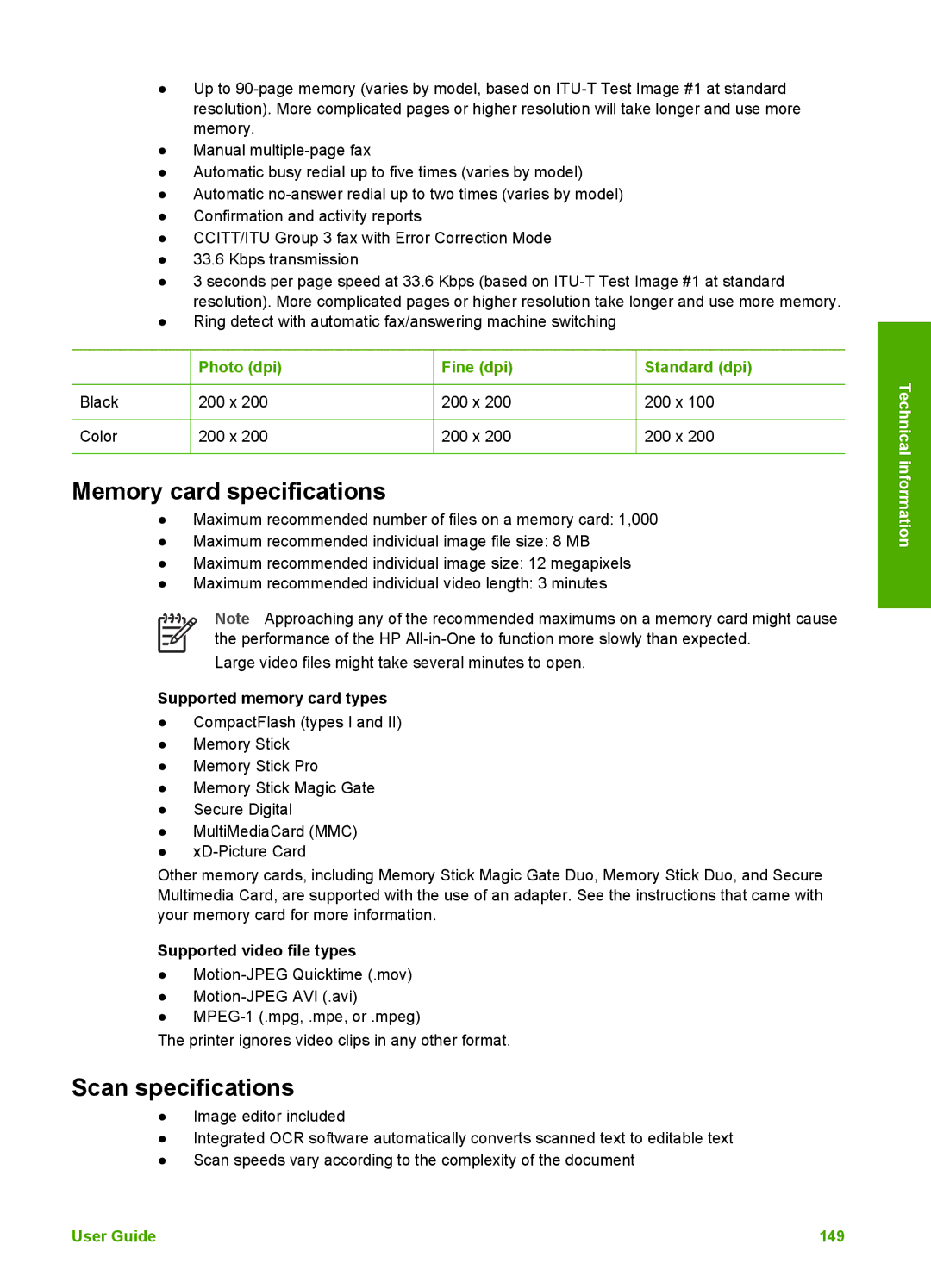 HP 3100 manual Memory card specifications, Scan specifications 