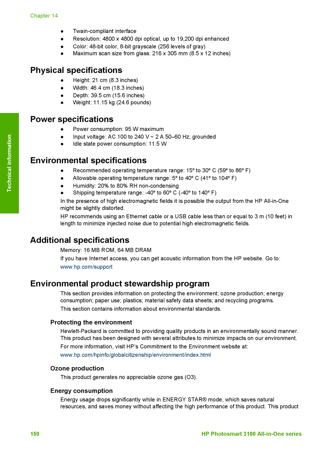 HP 3100 manual Physical specifications, Power specifications, Environmental specifications, Additional specifications 