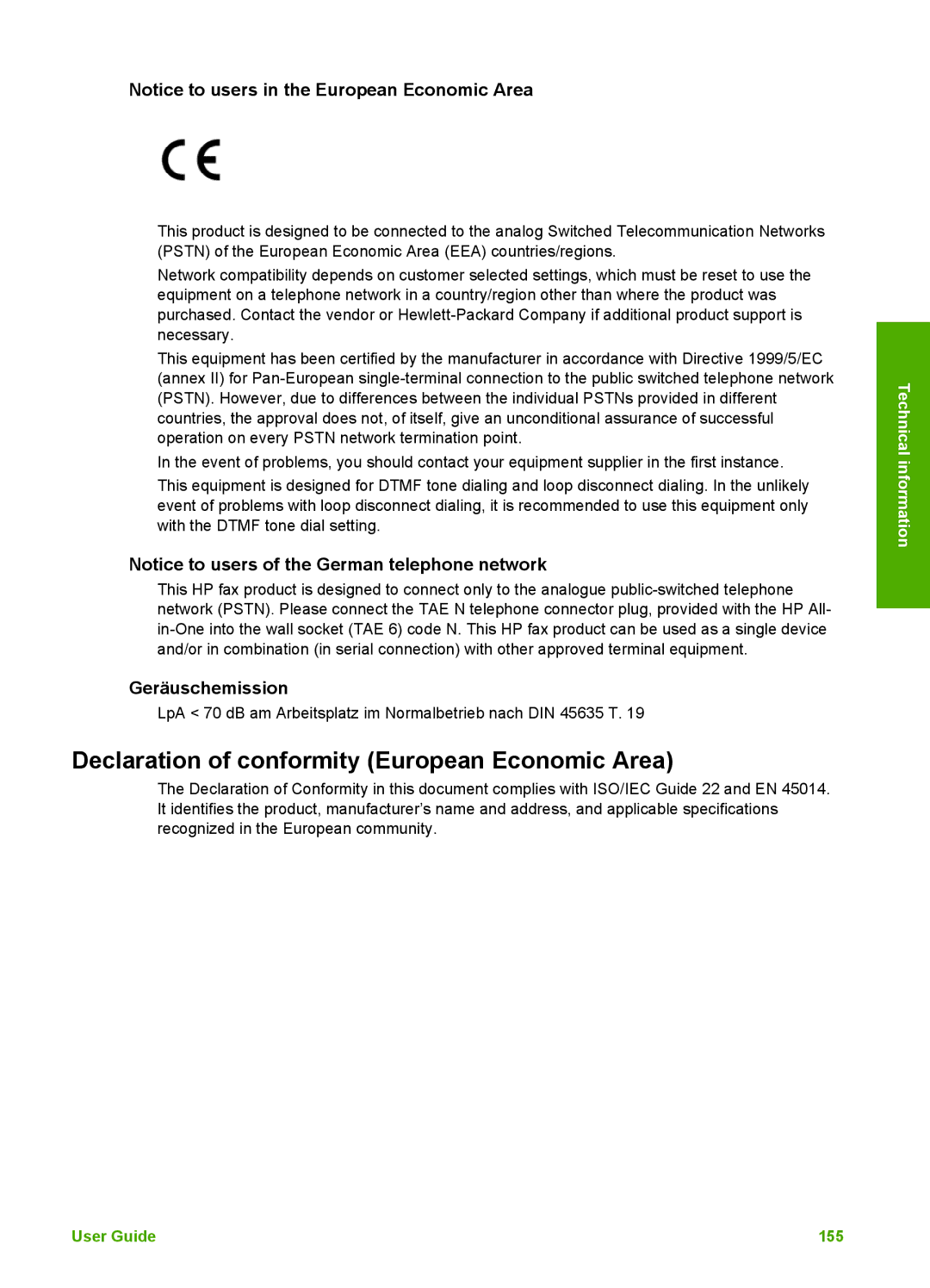 HP 3100 manual Declaration of conformity European Economic Area, Geräuschemission 