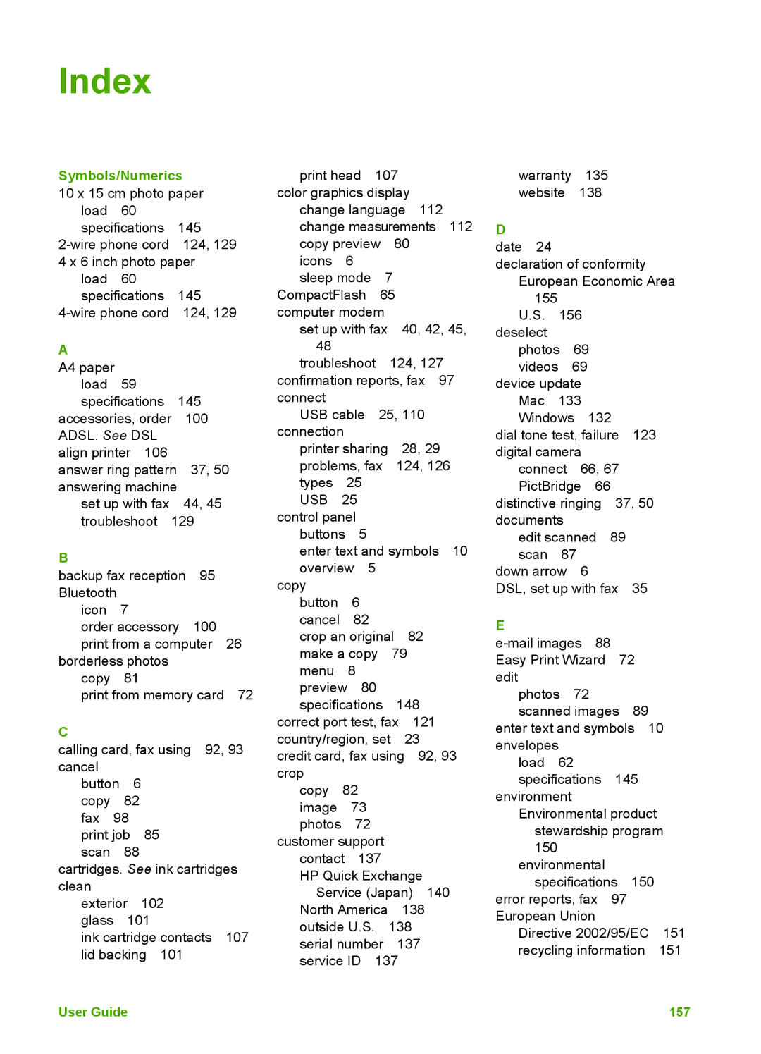 HP 3100 manual Index, Symbols/Numerics 