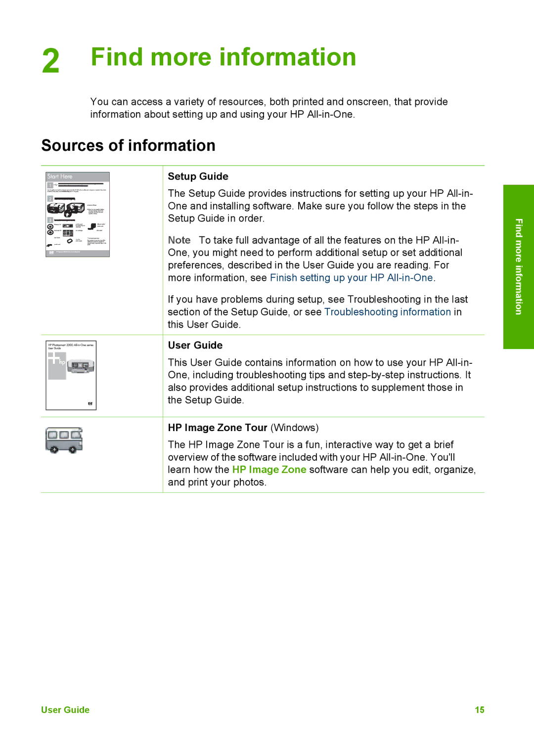 HP 3100 manual Find more information, Sources of information, Setup Guide, User Guide, HP Image Zone Tour Windows 