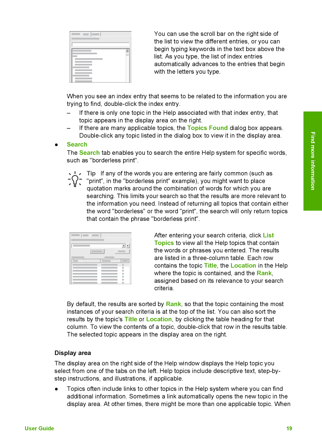 HP 3100 manual Search, Display area 