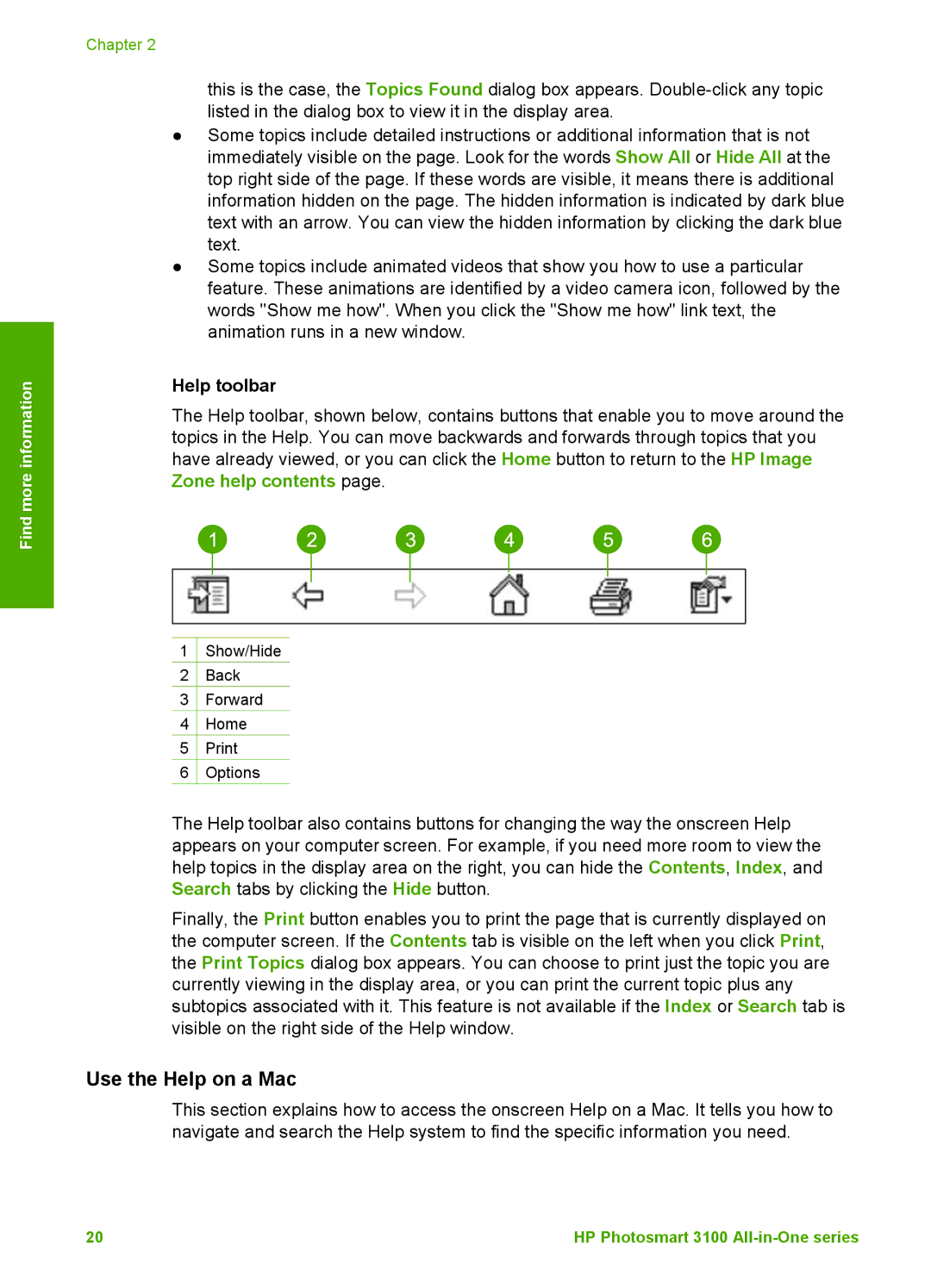 HP 3100 manual Use the Help on a Mac, Help toolbar 