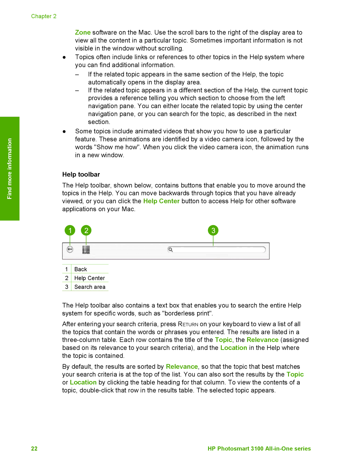 HP 3100 manual Back Help Center Search area 